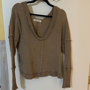 The Classic Deep V-Neck Ribbed Hoodie in Tan
